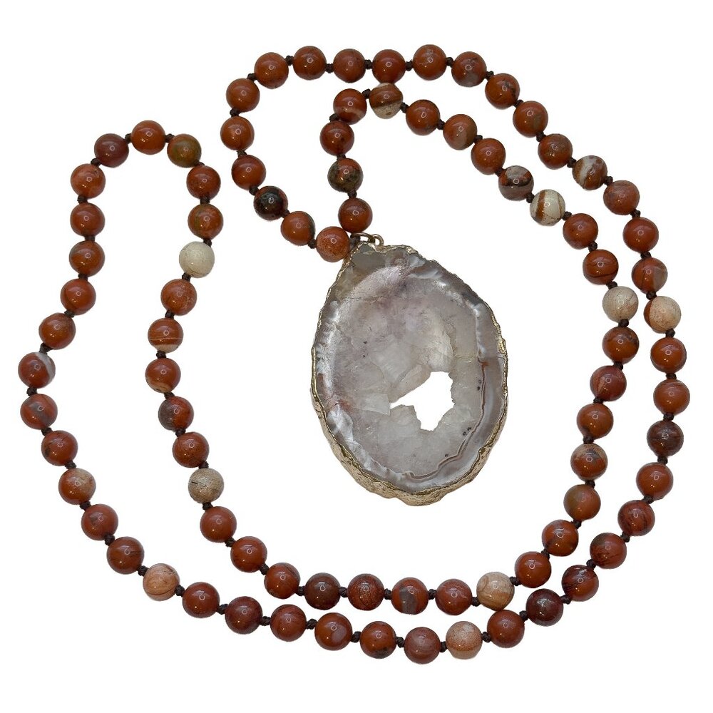 Geode Slice Pendant Red Jasper Bead Necklace Gold Edging